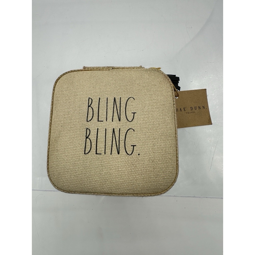 Rae Dunn "BLING BLING." White/Cream Canvas Travel Jewelry Box Storage Organizer